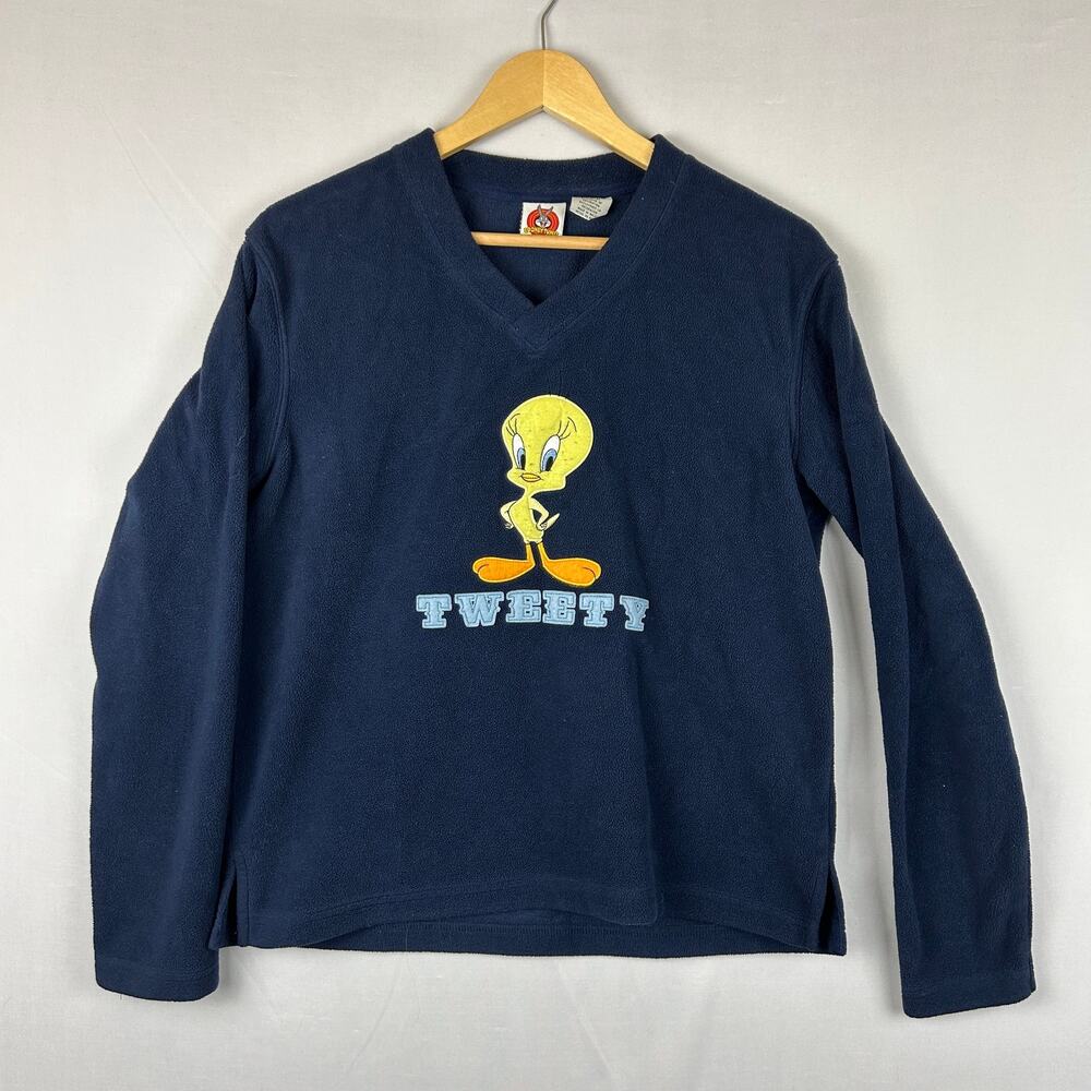 Looney Tunes Tweety Bird Vintage Y2K Blue Fleece Pullover Sweater Women's Size M
